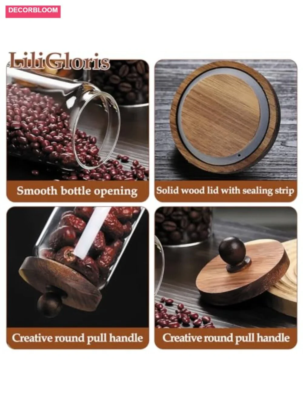 Glass Storage Jars Set of 4 with Wooden Lids - Airtight Food Containers